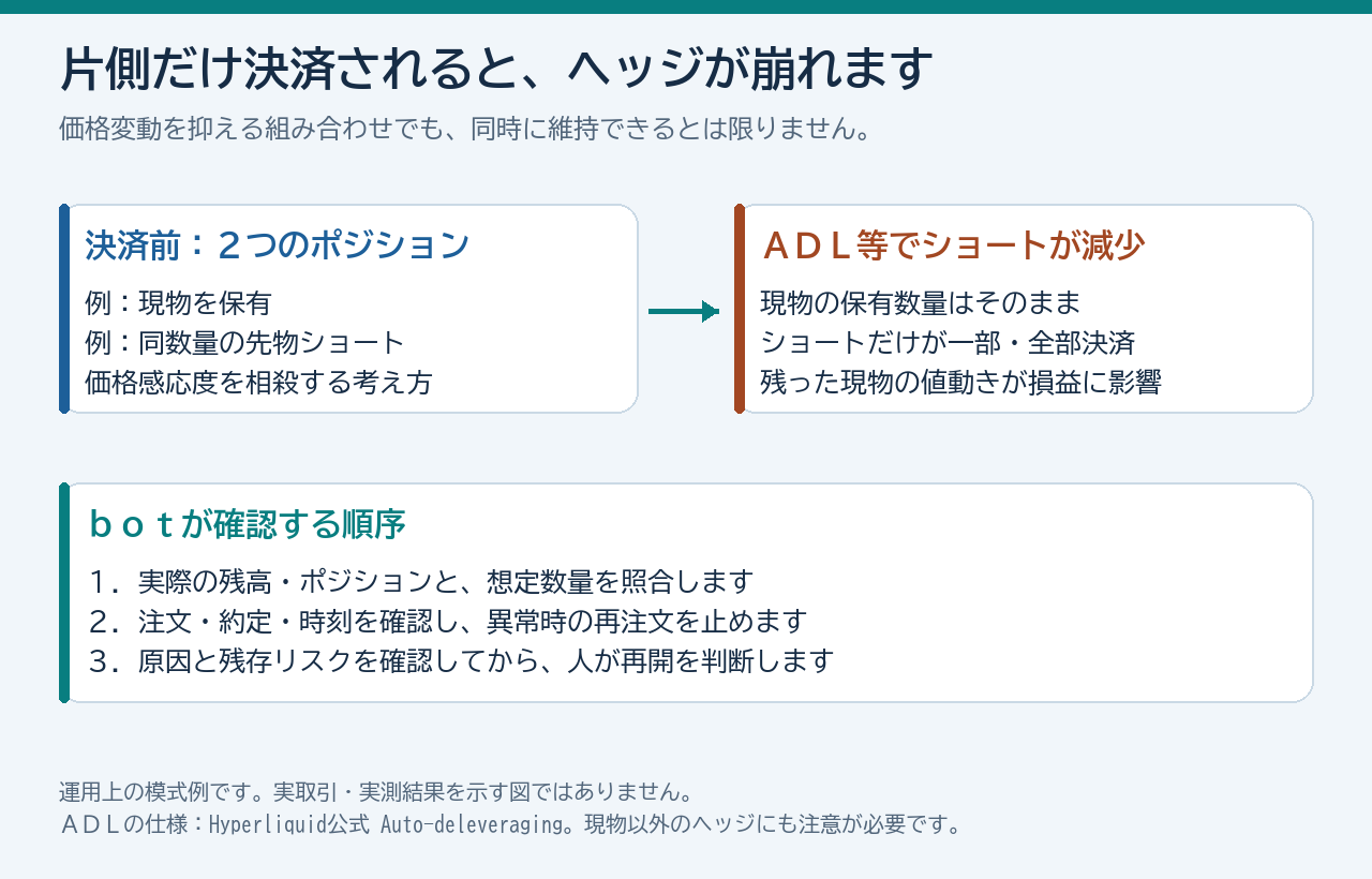 ADLにより片側の先物ポジションが縮小し、現物や別市場に残ったヘッジとの数量差が生じる例