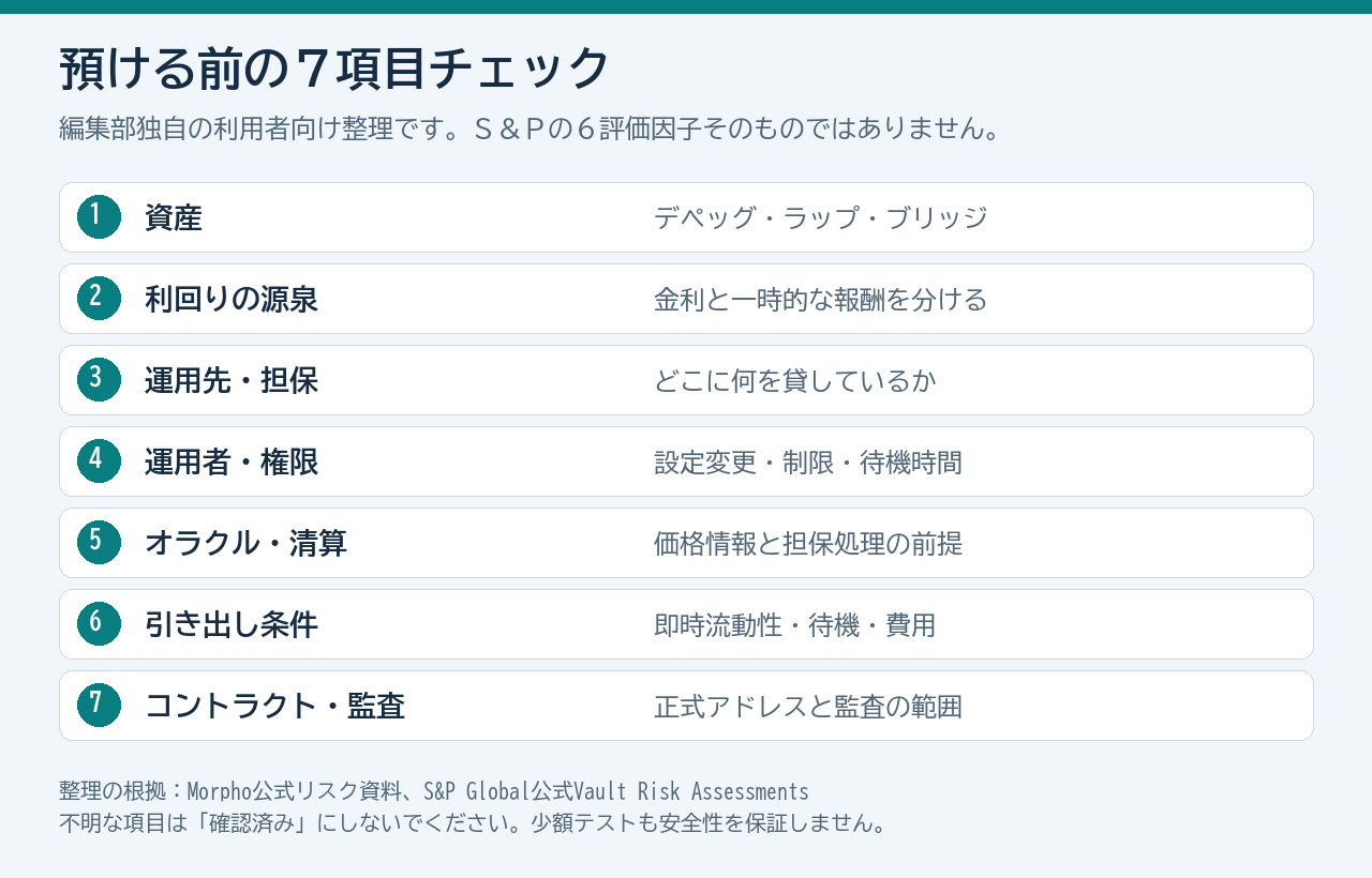 資産、利回り源泉、運用先、権限、オラクルと清算、引出条件、監査の7項目を並べたVault確認リスト